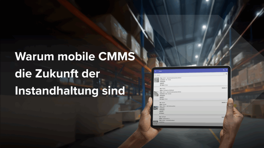 Arbeiter nützt mobile CMMS in einem Lager.